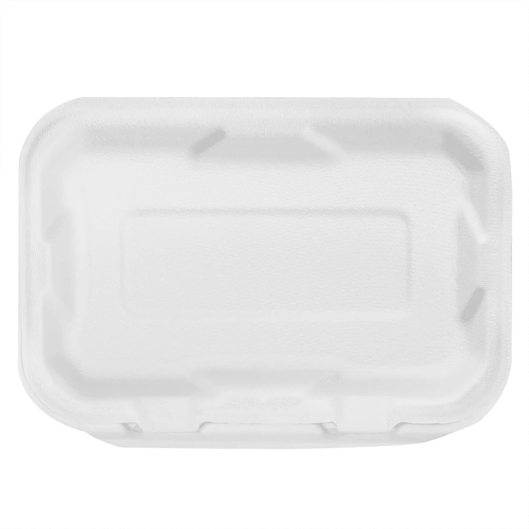 9"x6" PFAS Free Compostable Bagasse Hinged Containers, White