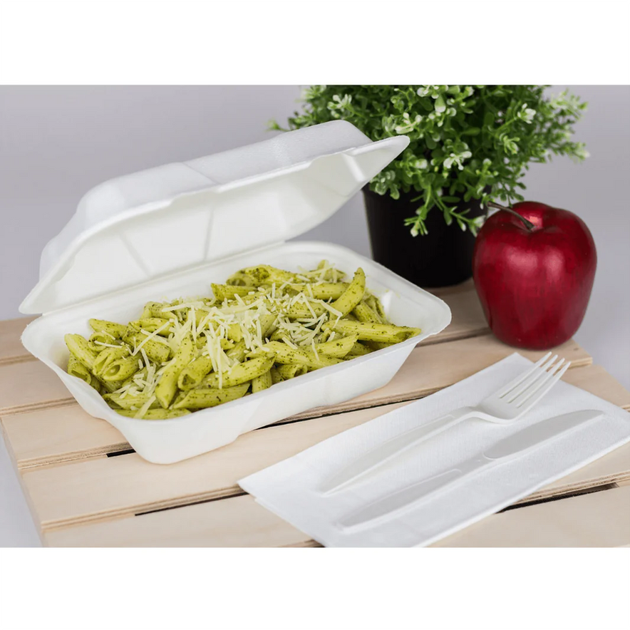 9"x6" PFAS Free Compostable Bagasse Hinged Containers, White