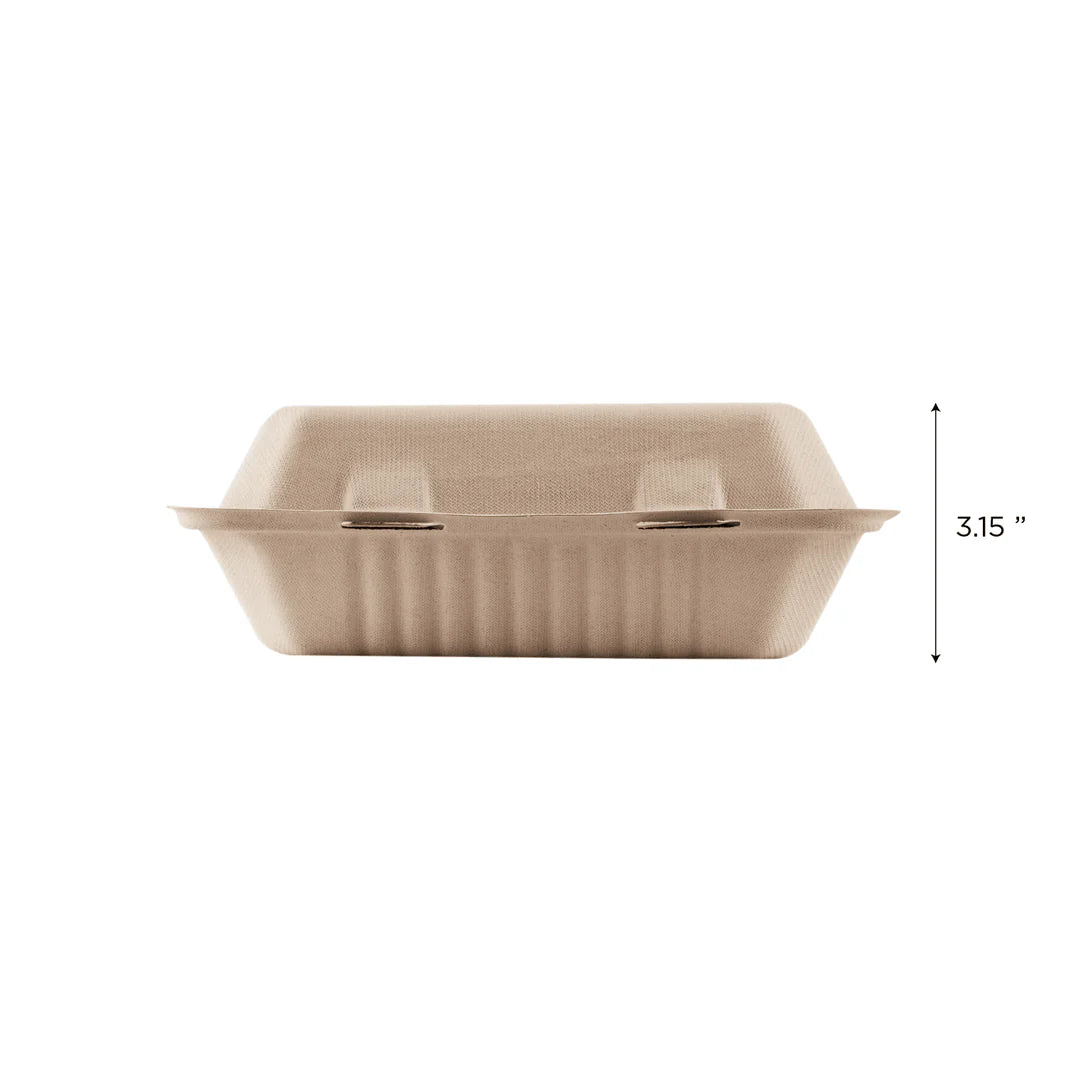 9"x6" PFAS Free Compostable Bagasse Hinged Containers, Natural