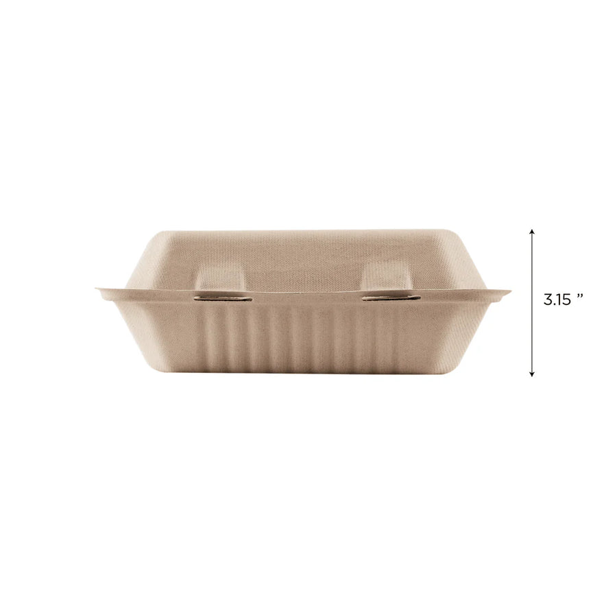 9"x6" PFAS Free Compostable Bagasse Hinged Containers, Natural