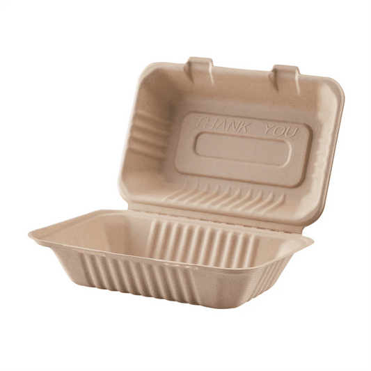 9"x6" PFAS Free Compostable Bagasse Hinged Containers, Natural