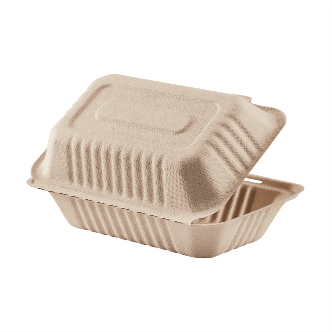 9"x6" PFAS Free Compostable Bagasse Hinged Containers, Natural