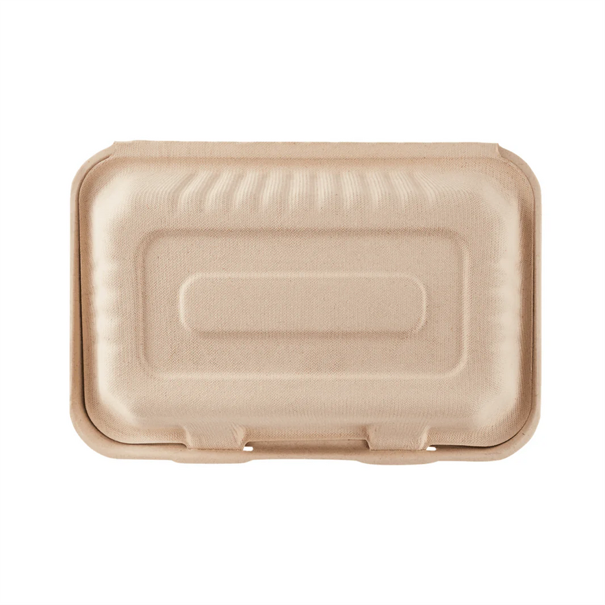 9"x6" PFAS Free Compostable Bagasse Hinged Containers, Natural