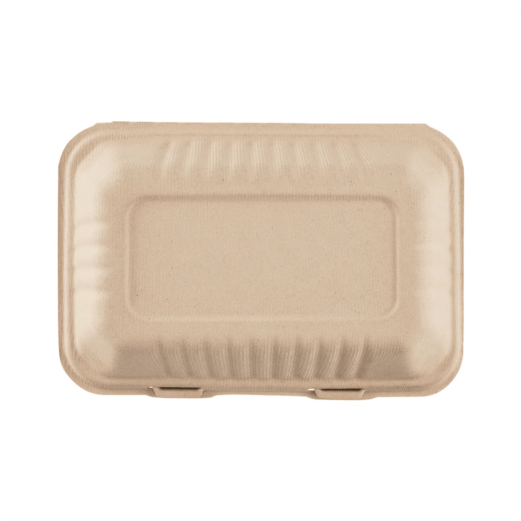 9"x6" PFAS Free Compostable Bagasse Hinged Containers, Natural