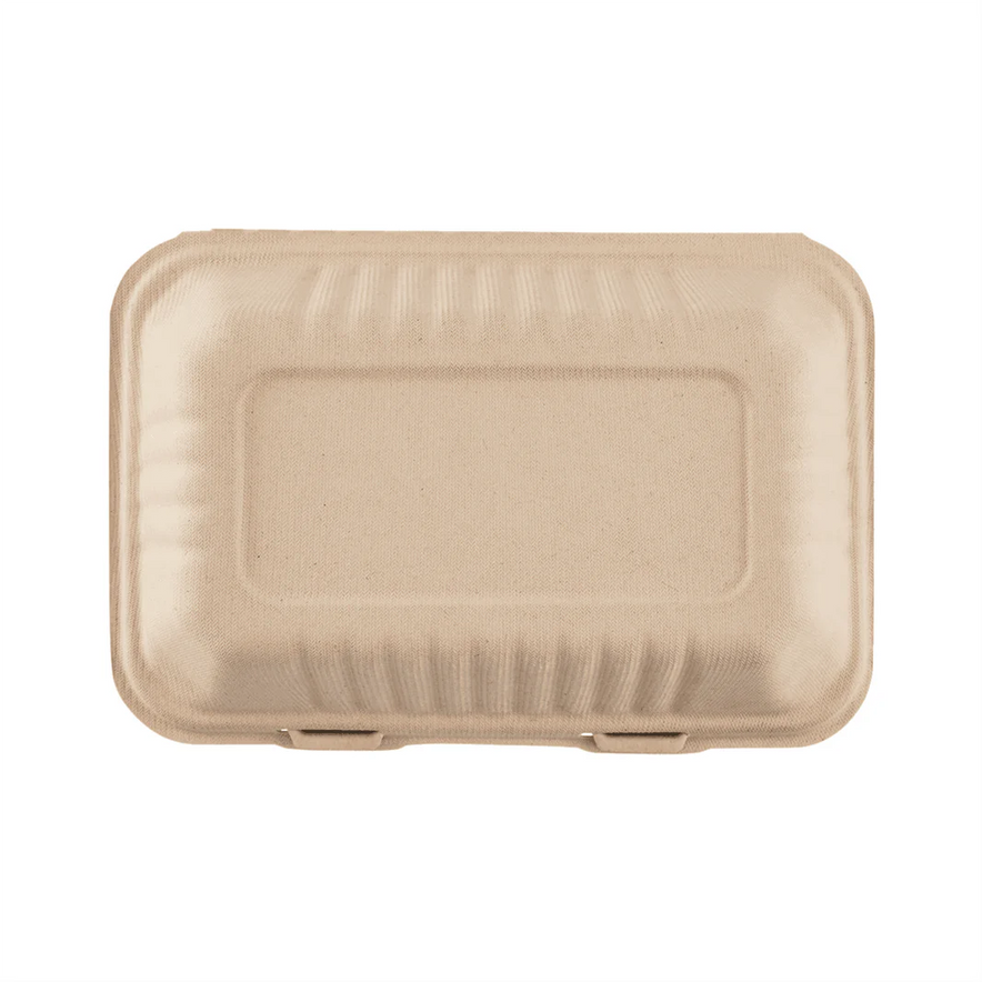 9"x6" PFAS Free Compostable Bagasse Hinged Containers, Natural