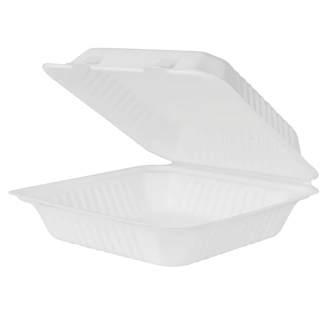 9" x 9" PFAS Free Compostable Bagasse Hinged Containers, White