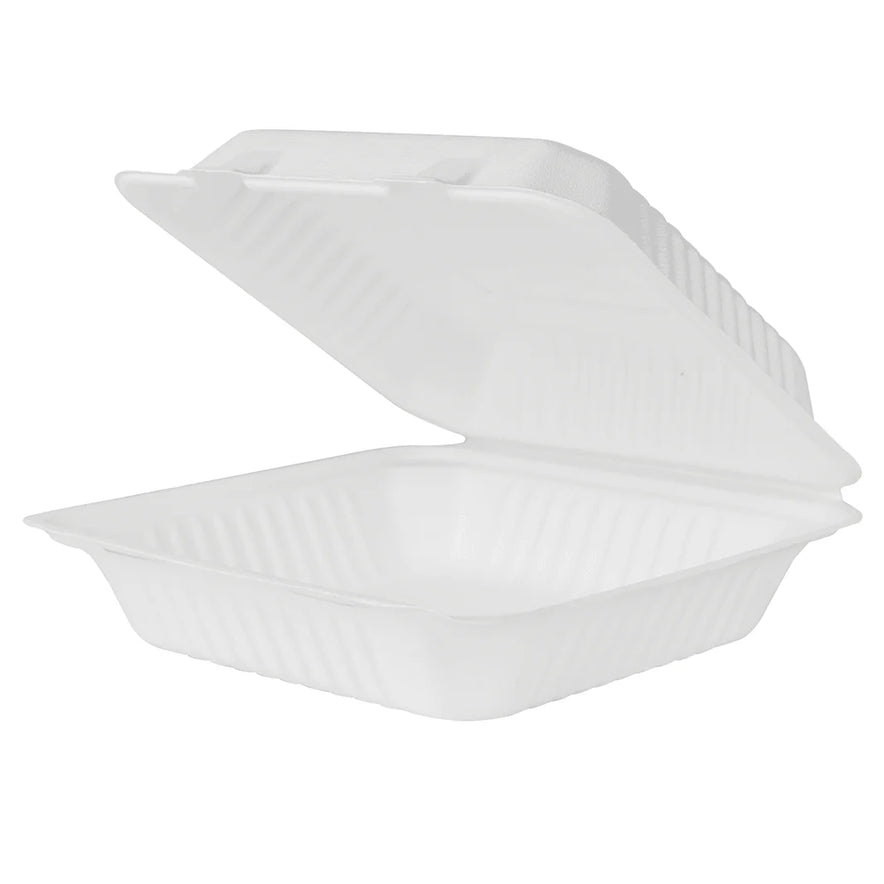 9" x 9" PFAS Free Compostable Bagasse Hinged Containers, White
