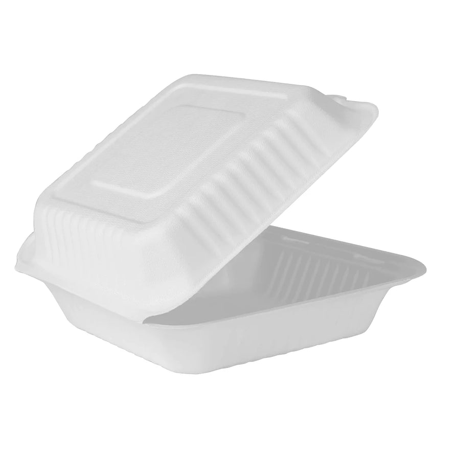 9" x 9" PFAS Free Compostable Bagasse Hinged Containers, White