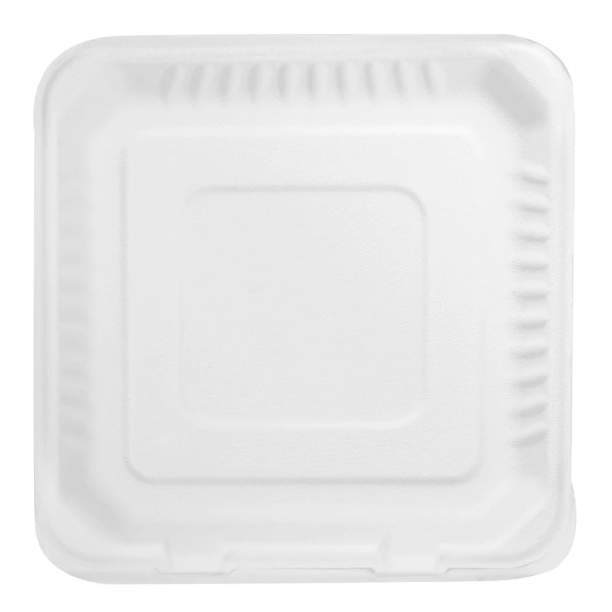 9" x 9" PFAS Free Compostable Bagasse Hinged Containers, White