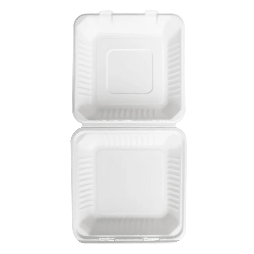 9" x 9" PFAS Free Compostable Bagasse Hinged Containers, White
