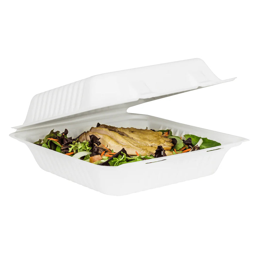 9" x 9" PFAS Free Compostable Bagasse Hinged Containers, White