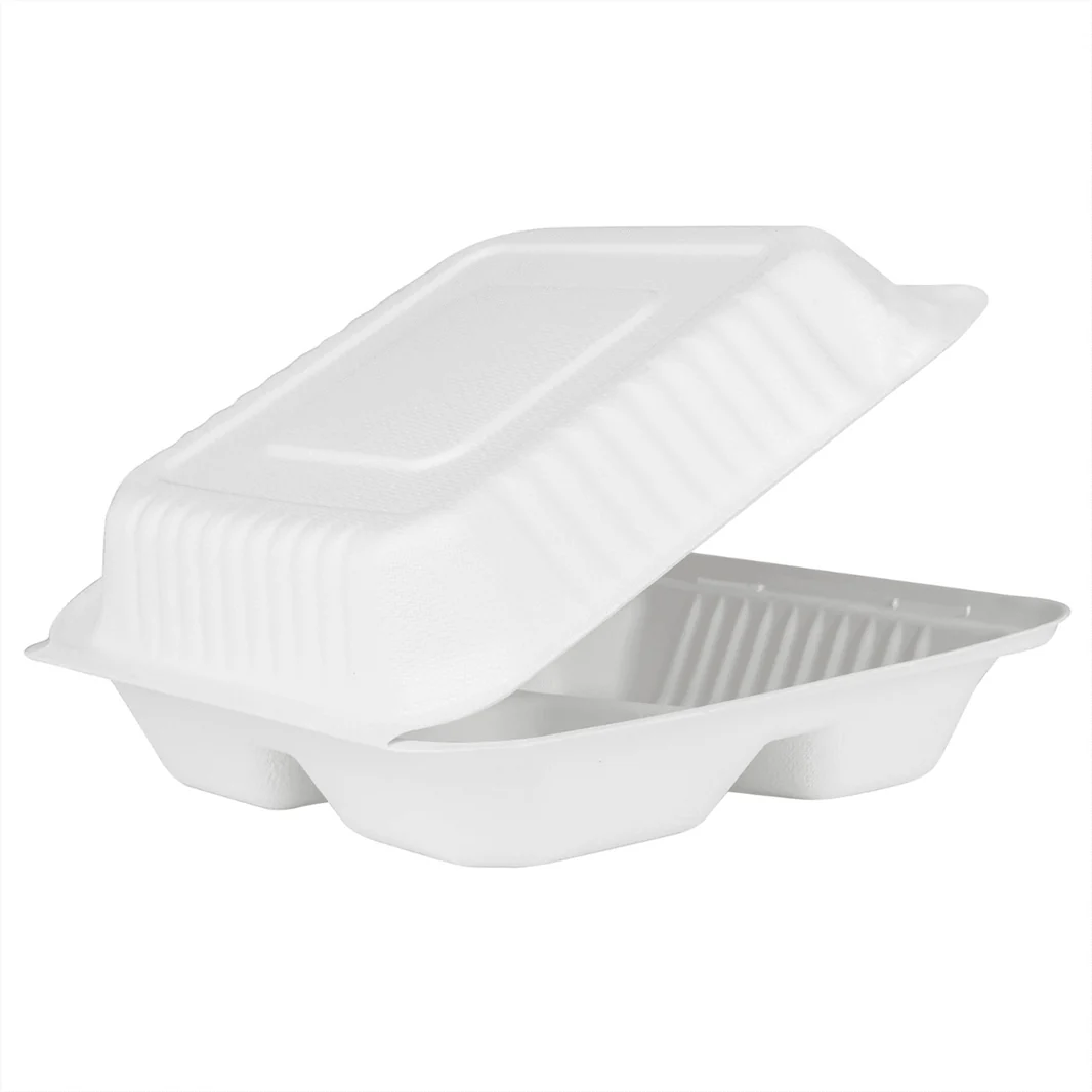 9"x9" PFAS Free Compostable Bagasse Hinged Container, White, 3 Compartments