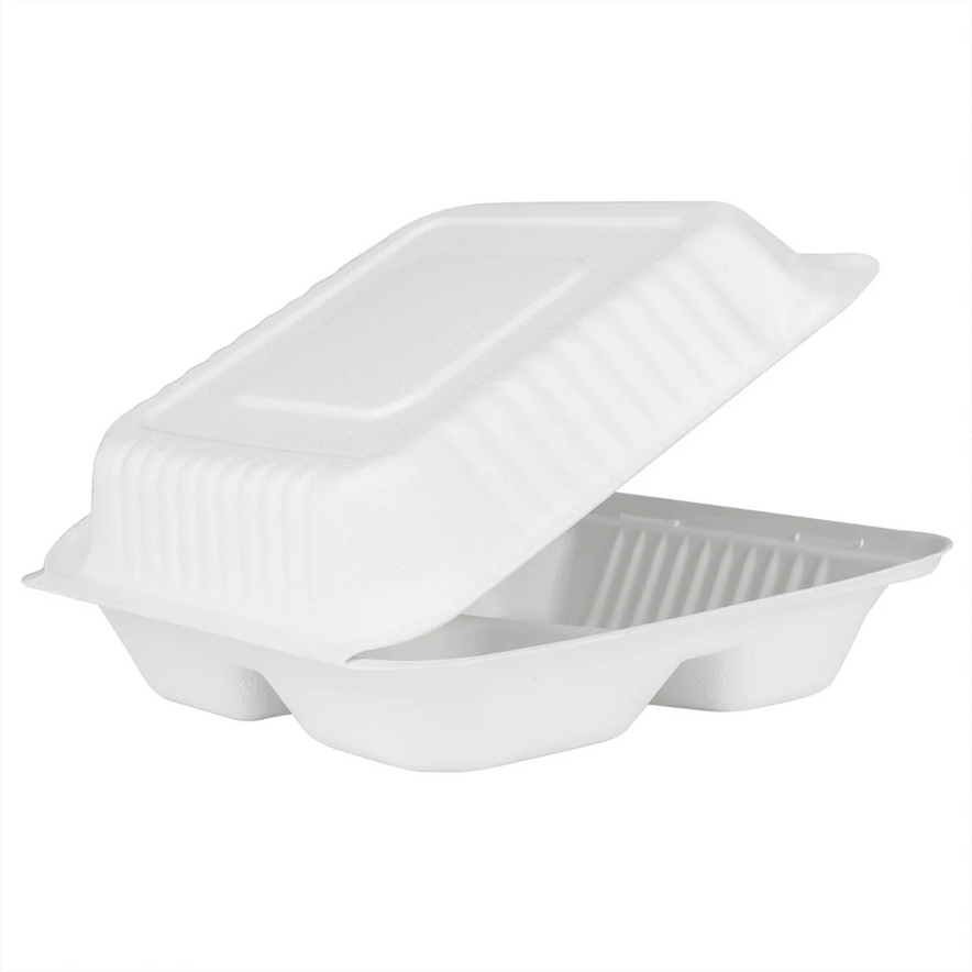 9"x9" PFAS Free Compostable Bagasse Hinged Container, White, 3 Compartments