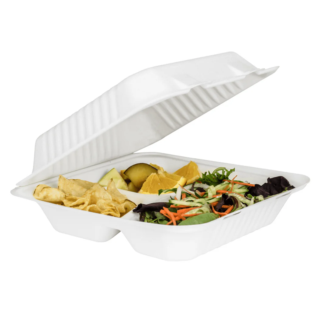 9"x9" PFAS Free Compostable Bagasse Hinged Container, White, 3 Compartments