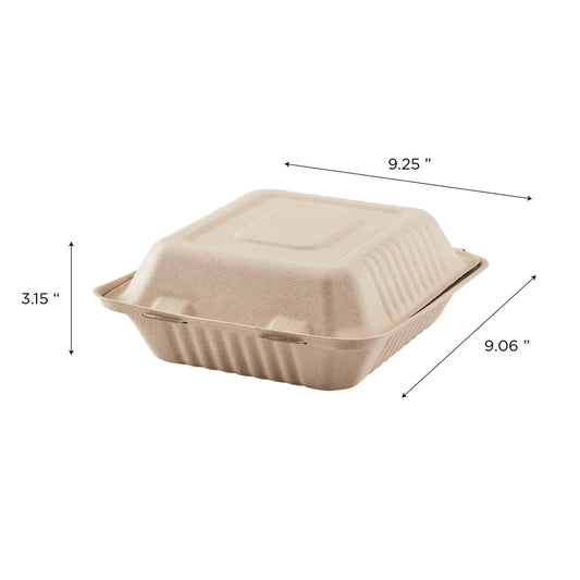 9" x 9" PFAS Free Compostable Bagasse Hinged Containers, Natural