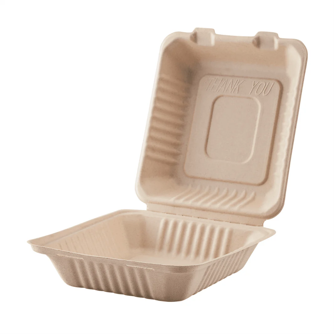 9" x 9" PFAS Free Compostable Bagasse Hinged Containers, Natural