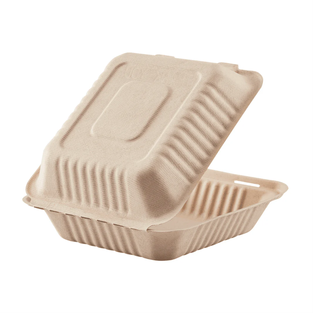 9" x 9" PFAS Free Compostable Bagasse Hinged Containers, Natural
