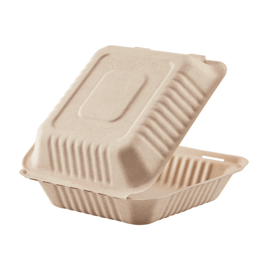 9" x 9" PFAS Free Compostable Bagasse Hinged Containers, Natural