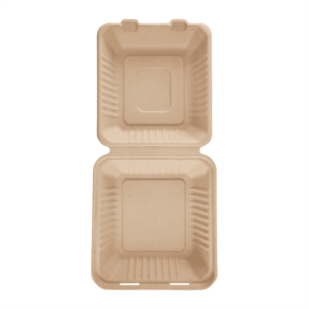 9" x 9" PFAS Free Compostable Bagasse Hinged Containers, Natural
