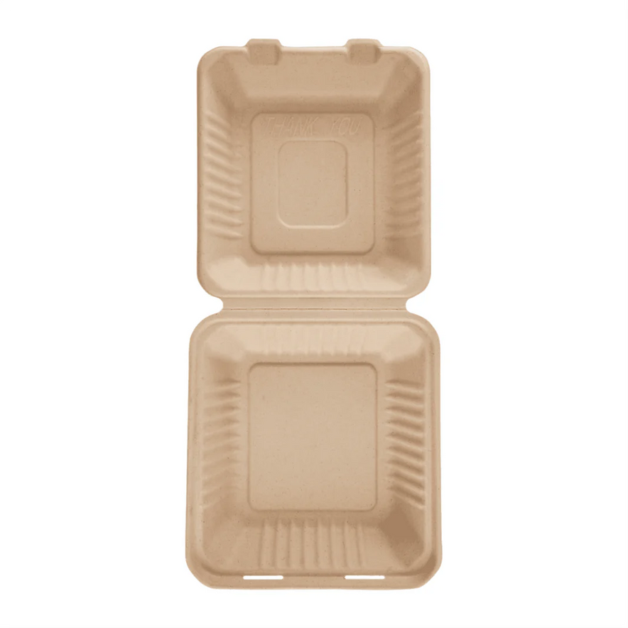 9" x 9" PFAS Free Compostable Bagasse Hinged Containers, Natural