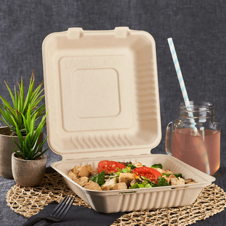 9" x 9" PFAS Free Compostable Bagasse Hinged Containers, Natural