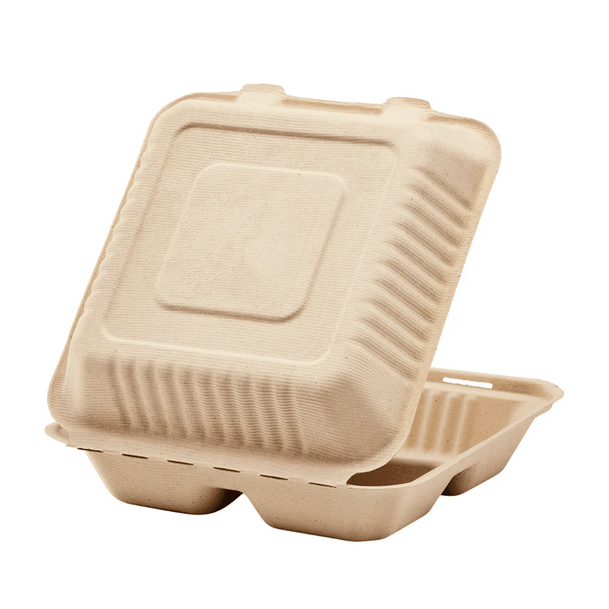 9"x9" PFAS Free Compostable Bagasse Hinged Containers, Natural, 3 Compartments