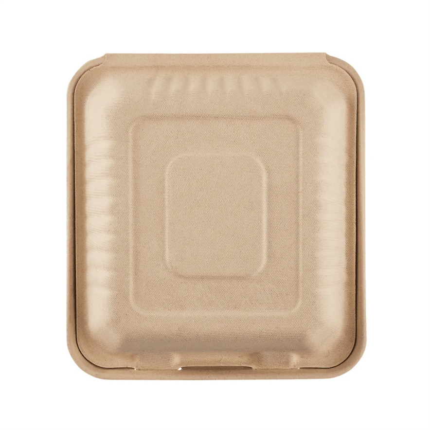 9"x9" PFAS Free Compostable Bagasse Hinged Containers, Natural, 3 Compartments