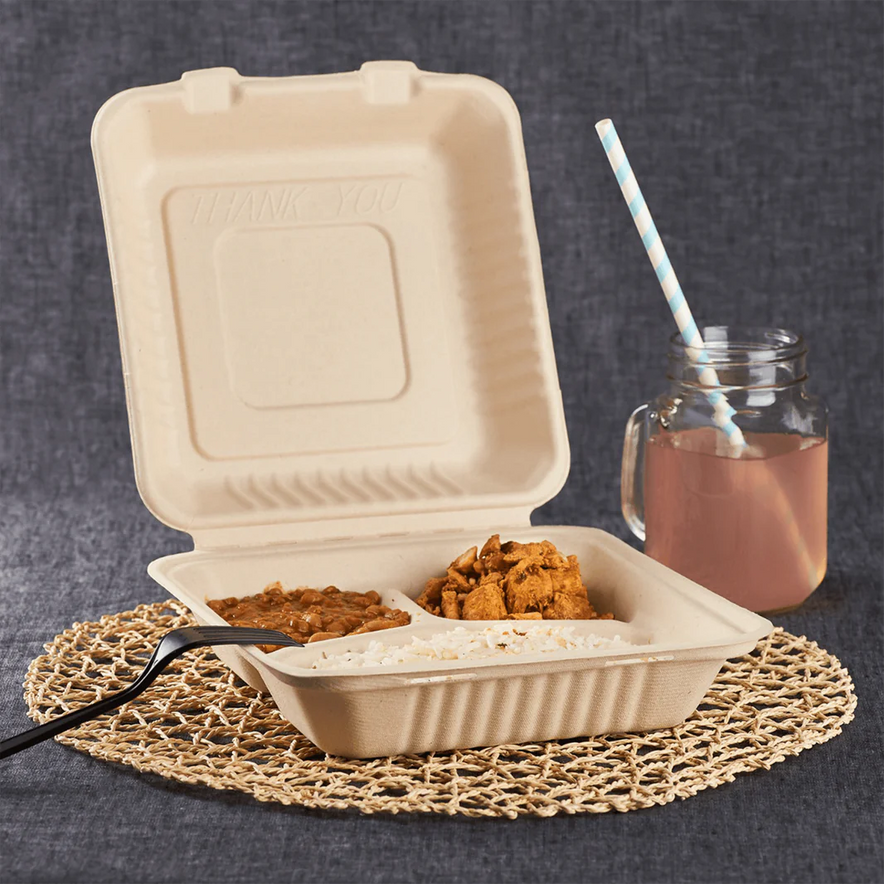9"x9" PFAS Free Compostable Bagasse Hinged Containers, Natural, 3 Compartments