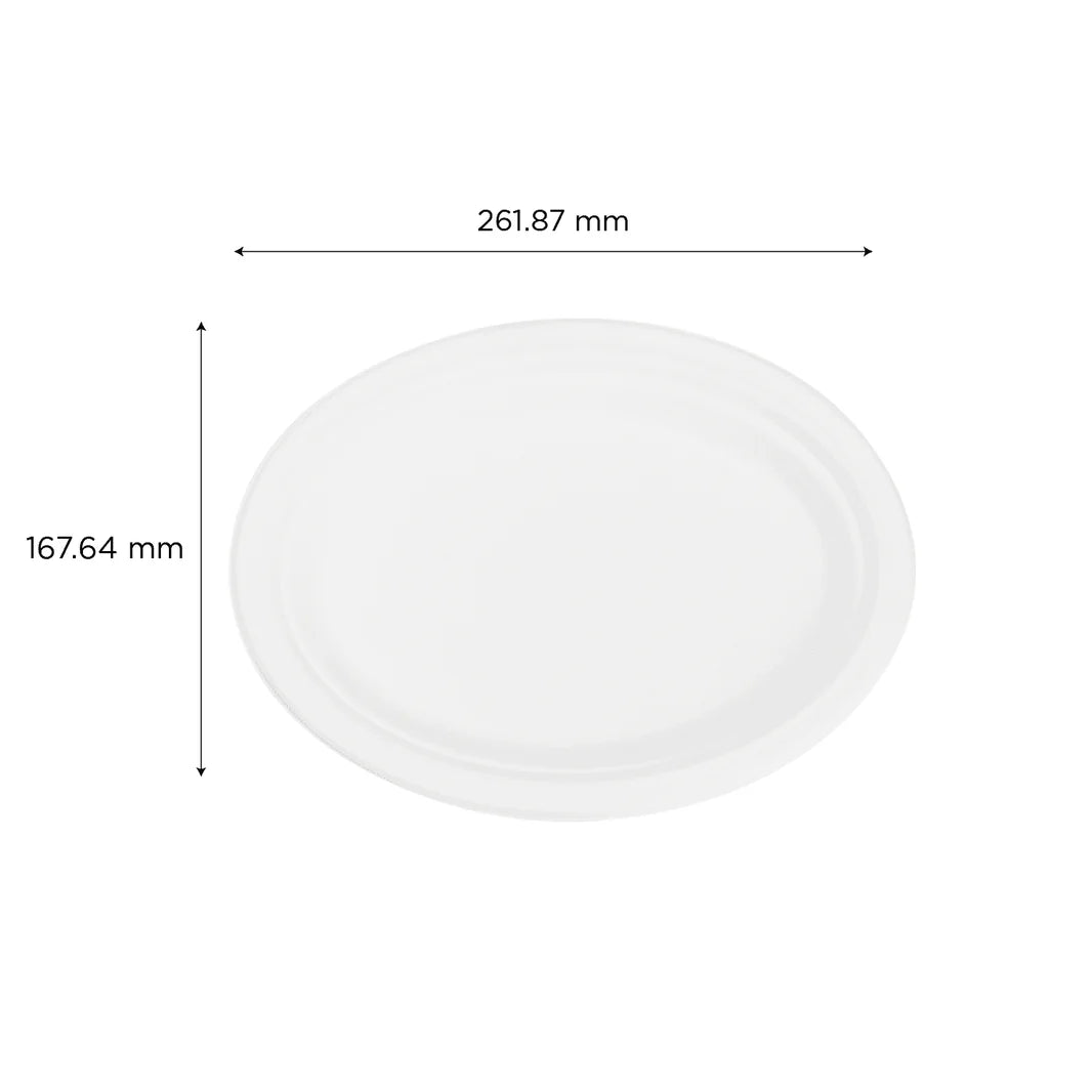 10"x 8" PFAS Free Compostable Bagasses Oval Plates, White