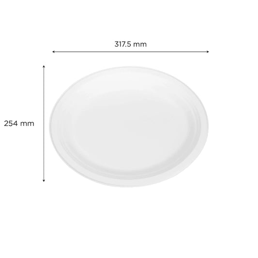 12.5"x 10" PFAS Free Compostable Bagasses Oval Plates, White