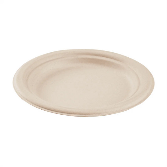 7" PFAS Free Compostable Bagasse Round Plates, Natural