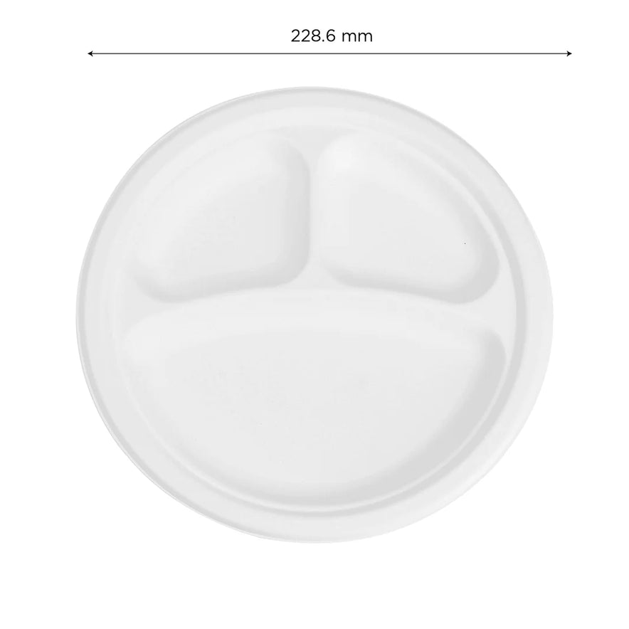 9" PFAS Free Compostable Bagasse Round Plates, White, 3 Compartments