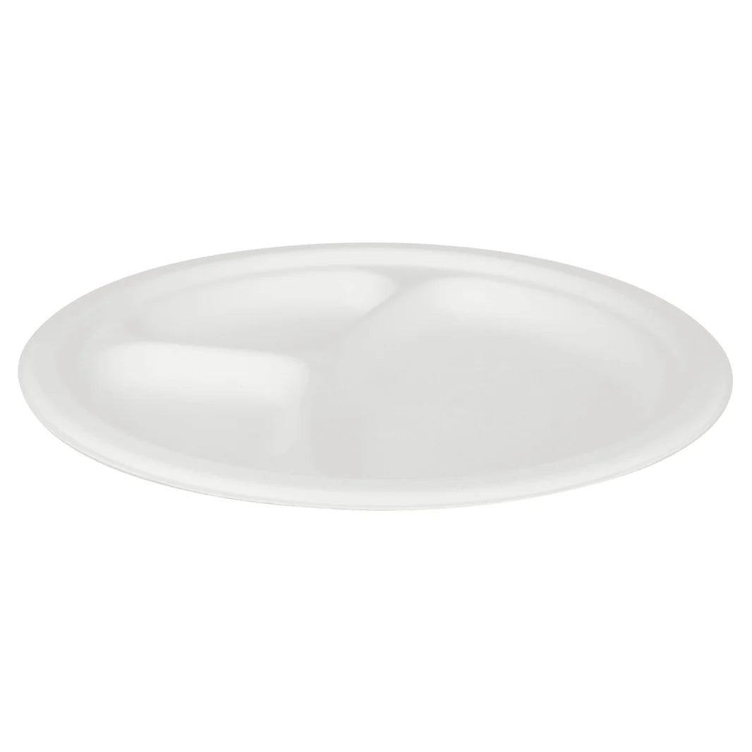 9" PFAS Free Compostable Bagasse Round Plates, White, 3 Compartments
