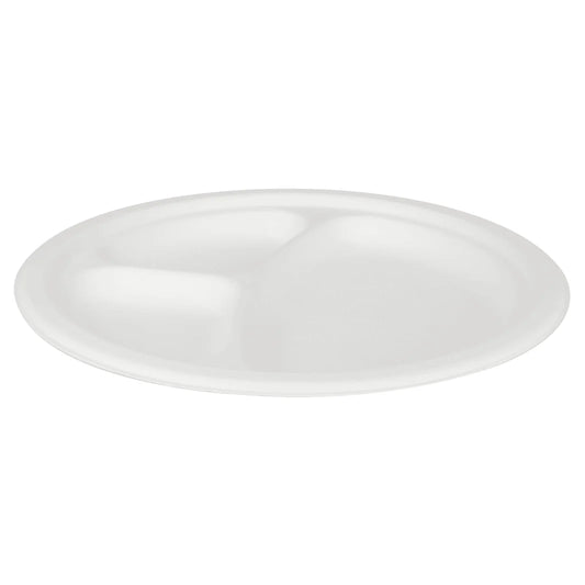 9" PFAS Free Compostable Bagasse Round Plates, White, 3 Compartments
