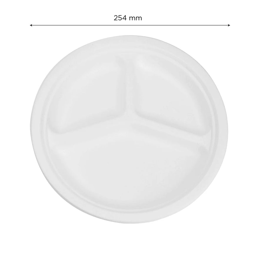 10" PFAS Free Compostable Bagasse Round Plates, White, 3 Compartments