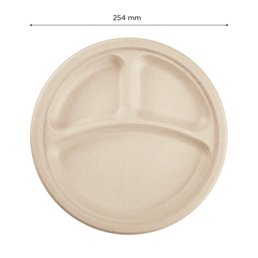 10" PFAS Free Compostable Bagasse Round Plates, Natural, 3 Compartments