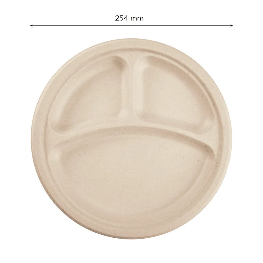10" PFAS Free Compostable Bagasse Round Plates, Natural, 3 Compartments