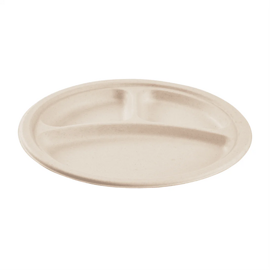10" PFAS Free Compostable Bagasse Round Plates, Natural, 3 Compartments