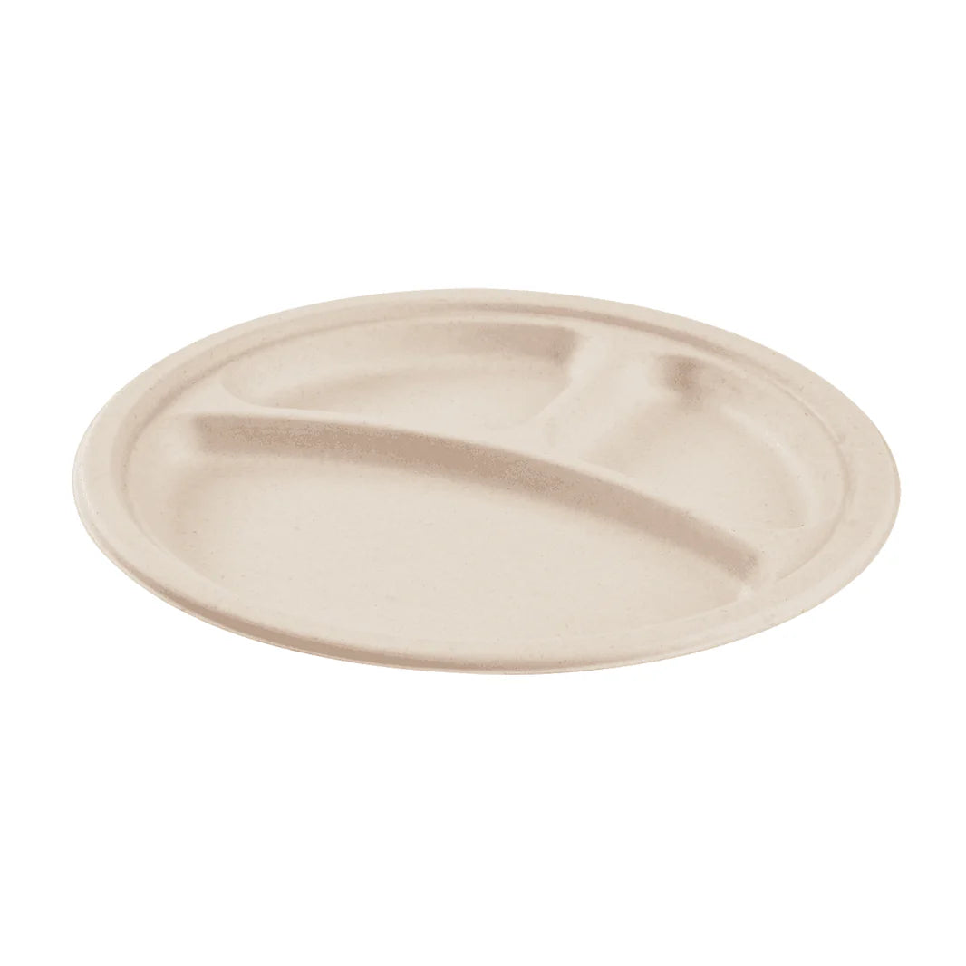 10" PFAS Free Compostable Bagasse Round Plates, Natural, 3 Compartments
