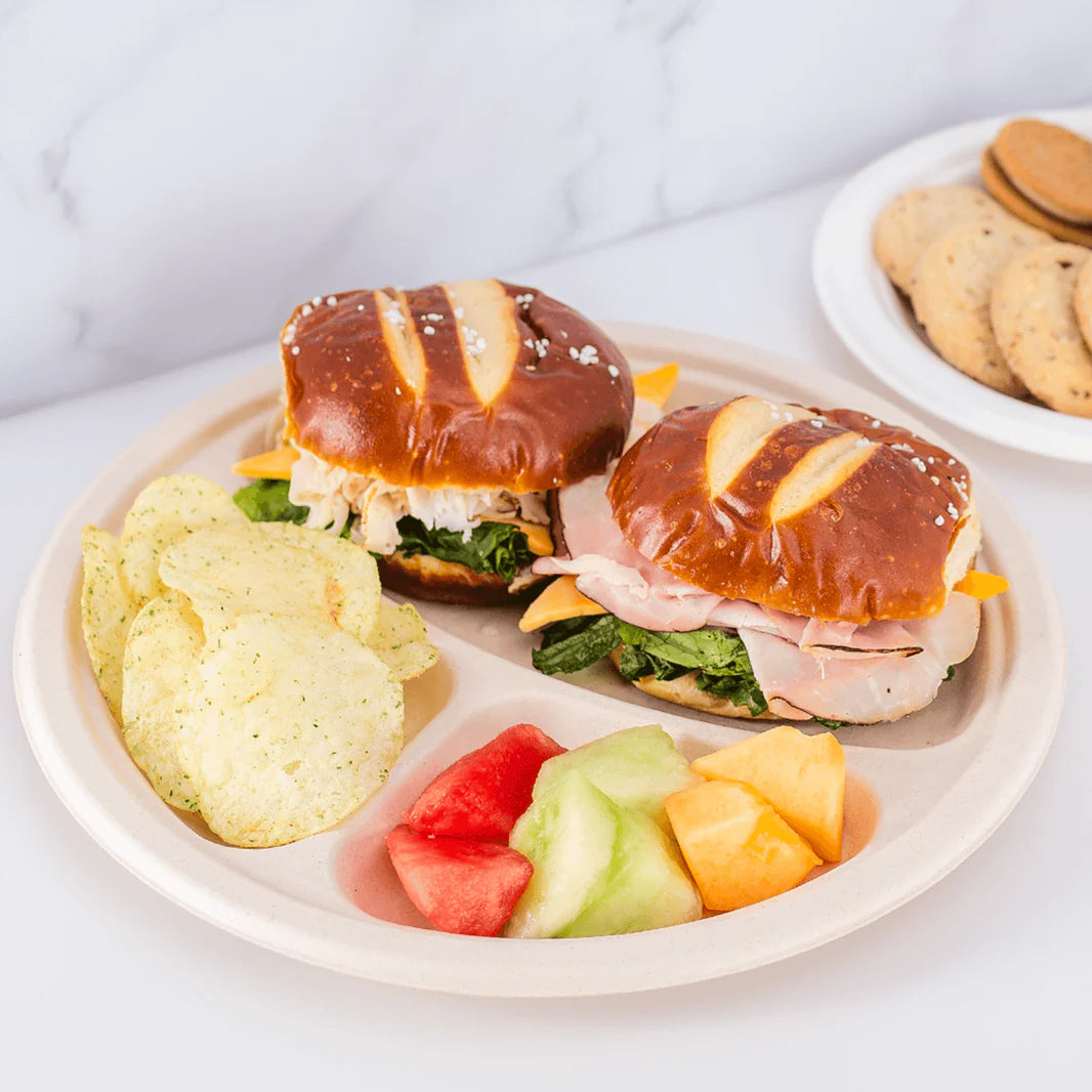 10" PFAS Free Compostable Bagasse Round Plates, Natural, 3 Compartments