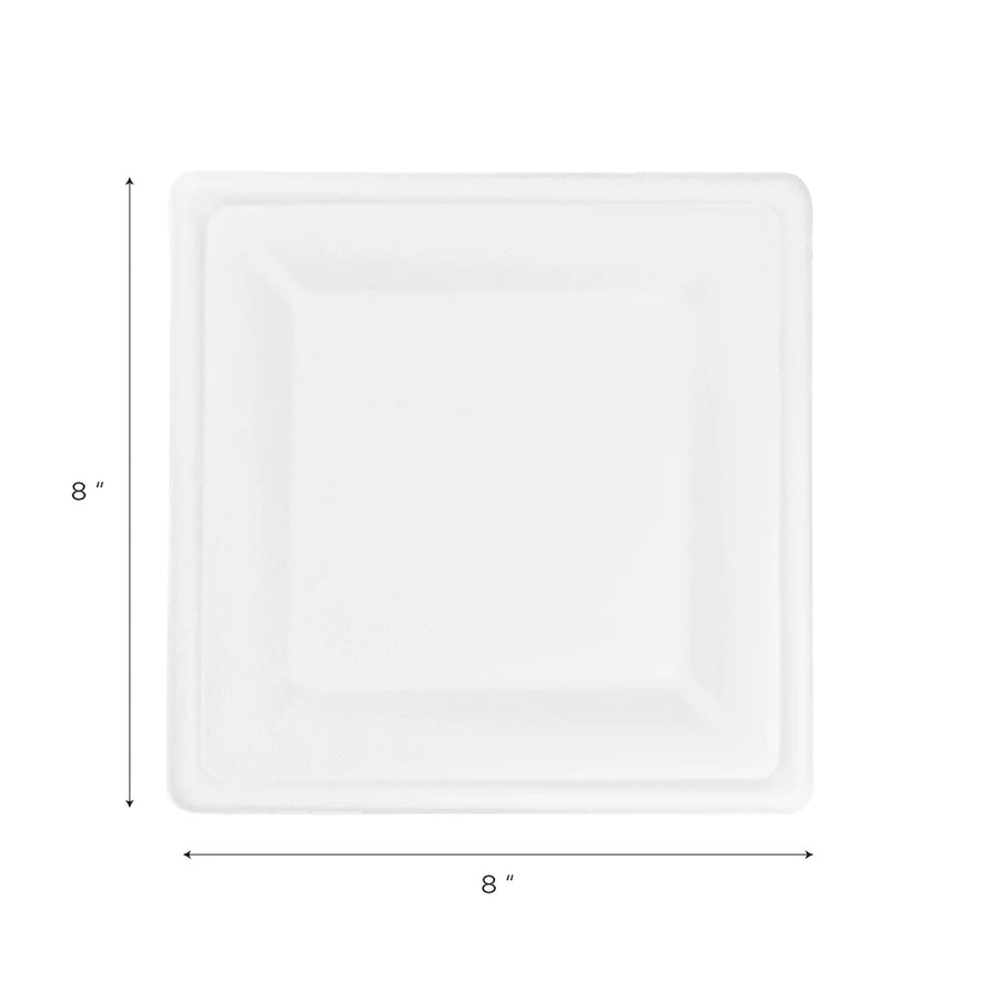 8" x 8" PFAS Free Bagasse Square Plate, White