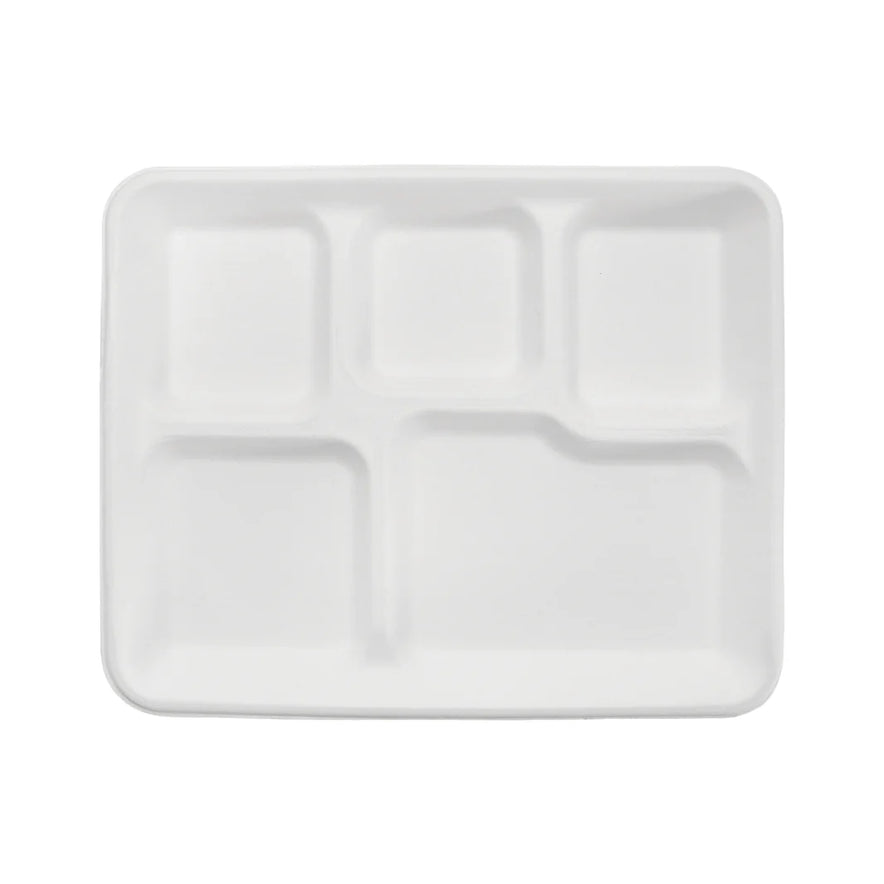 10"x 8" PFAS Free Eco-Friendly Bagasse Tray, White, 5-Compartments (400 Count)