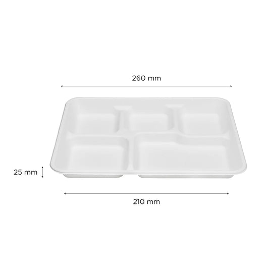 10" x 8" PFAS Free Eco-Friendly Bagasse Tray, White, 5-Compartments (100 Count)