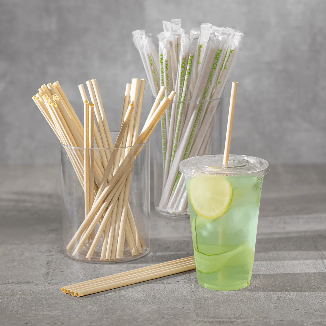9" Flat Cut Bamboo Fiber Jumbo Straws (6mm) Paper Wrapped, Natural