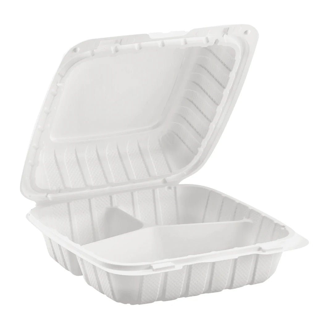 8" x 8" Mineral Filled PP Hinged Container, White, 3 compartments