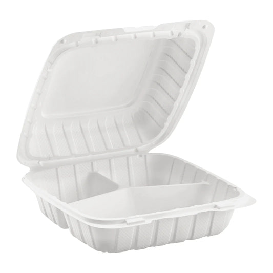 8" x 8" Mineral Filled PP Hinged Container, White, 3 compartments