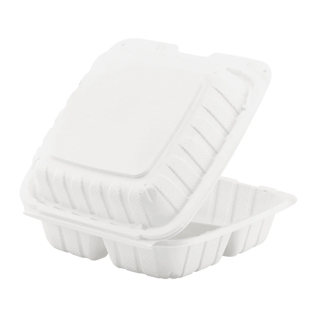 8" x 8" Mineral Filled PP Hinged Container, White, 3 compartments