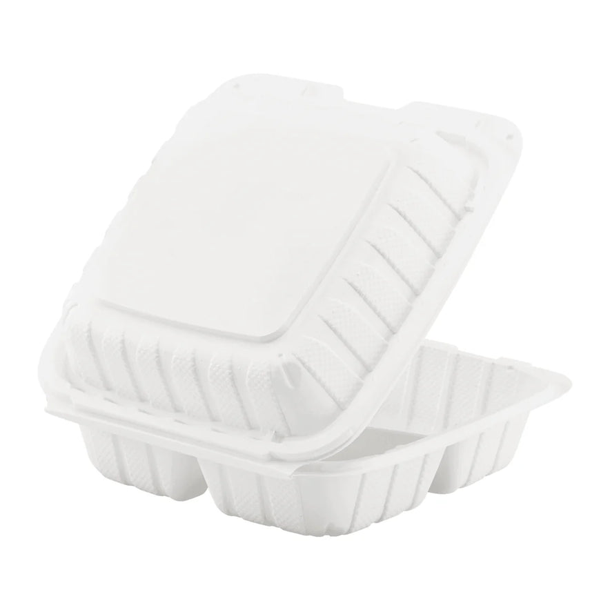 8" x 8" Mineral Filled PP Hinged Container, White, 3 compartments