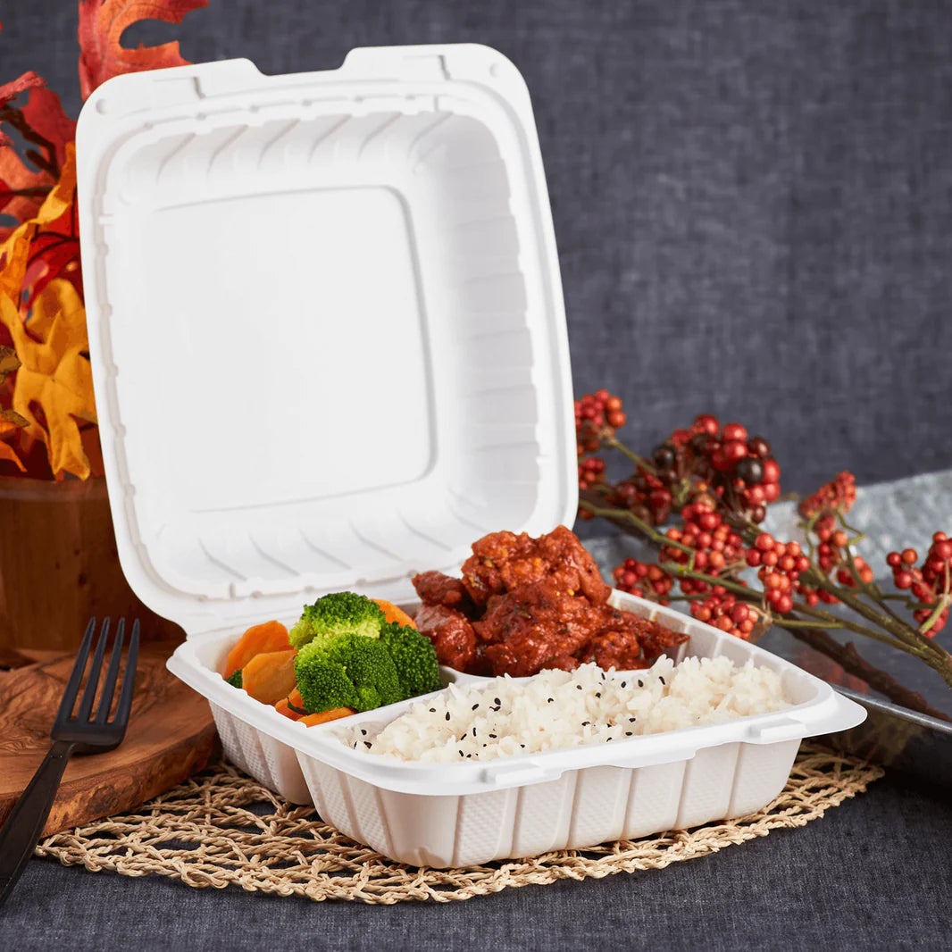 8" x 8" Mineral Filled PP Hinged Container, White, 3 compartments