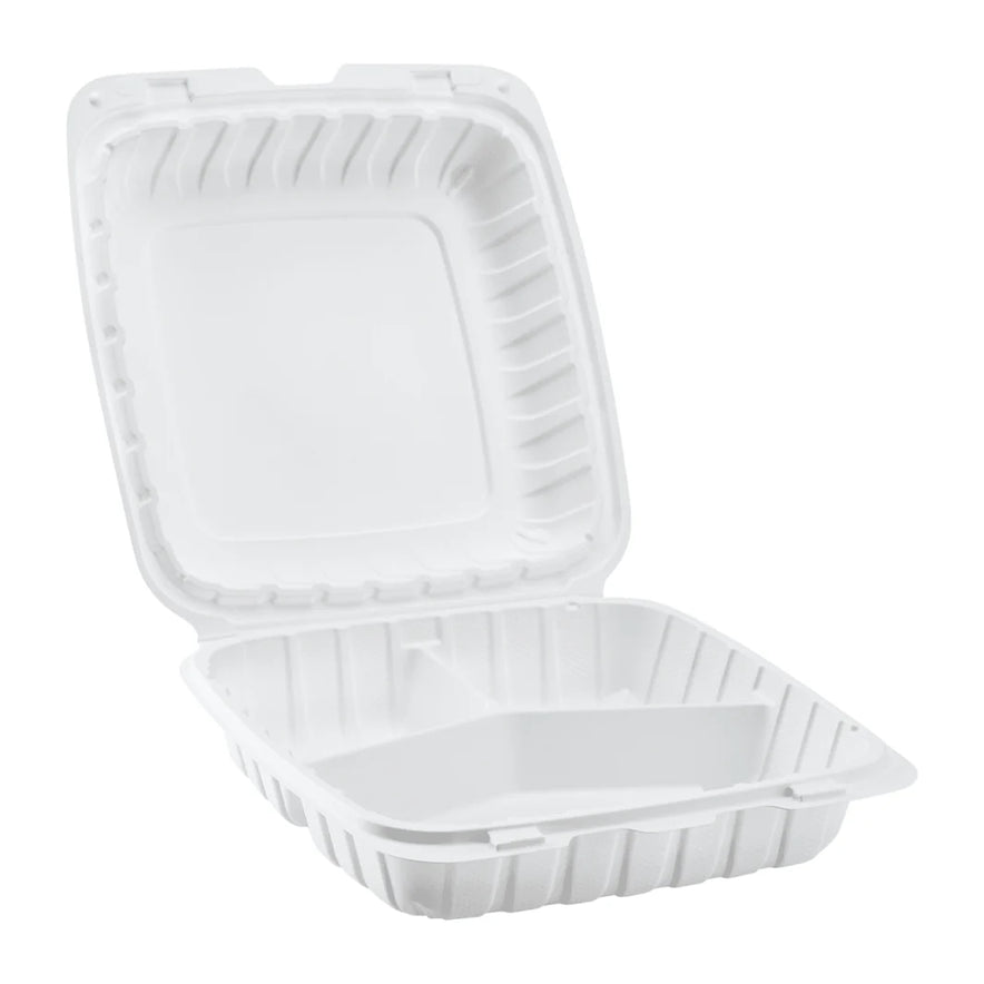 9" x 9" Mineral Filled PP Hinged Container, White, 3 compartments